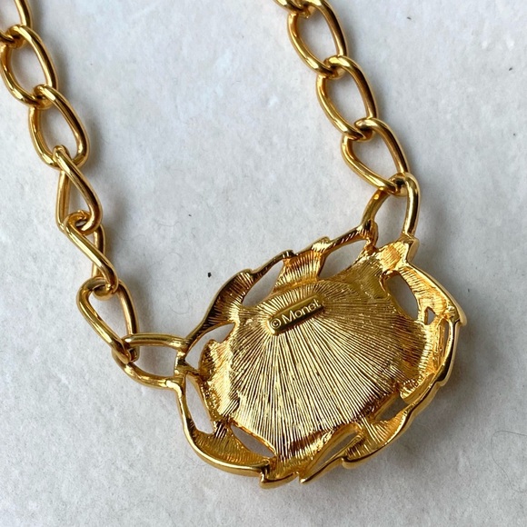 Vintage Monet Gold Tone Chunky Chain Necklace with White Cabochon Pendant - Picture 2 of 6